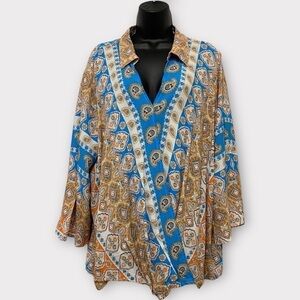 Cato Orange & Blue Multiprint Paisley Faux Wrap Long Sleeve Top Size 18W/20W